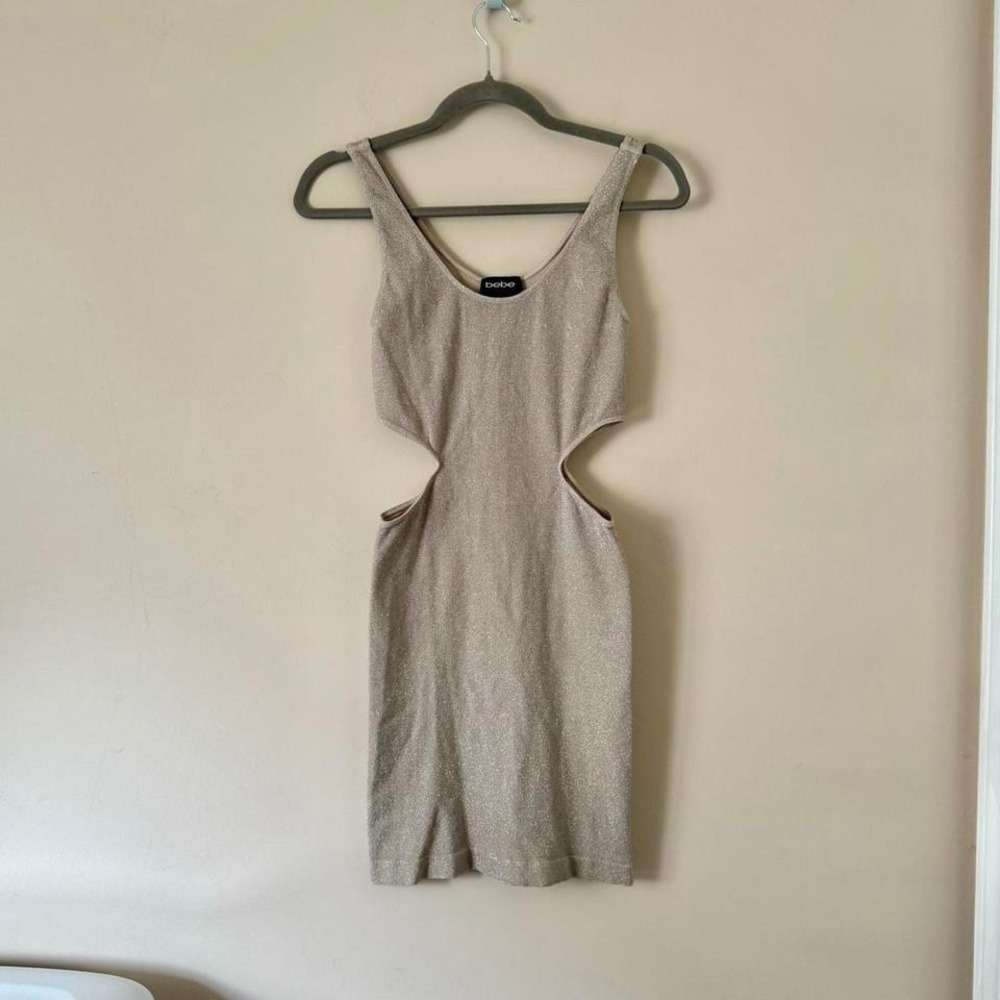 Y2K Bebe Bodycon Cutout Silver Metallic Mini Dress